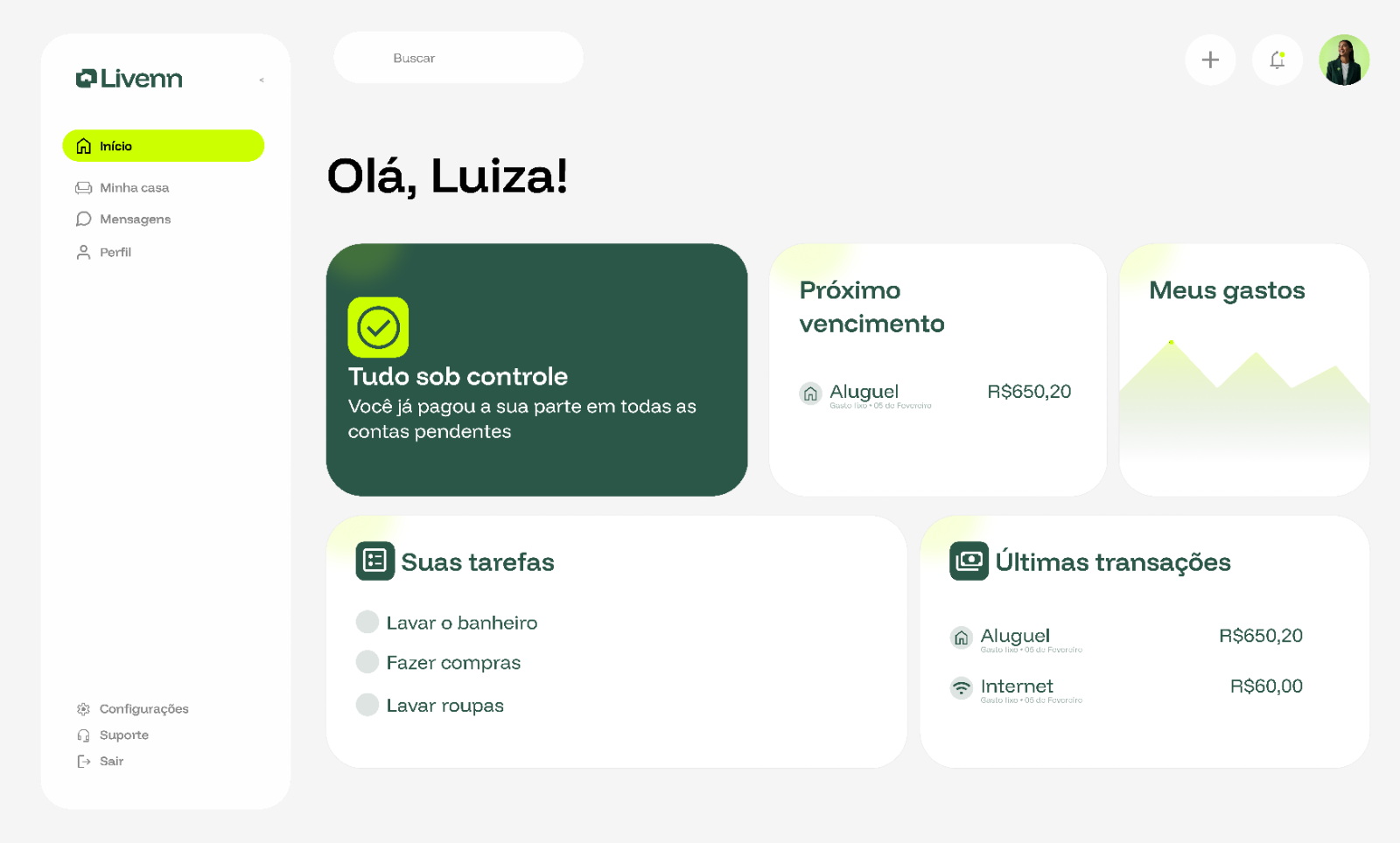 Painel da Livenn com contas, tarefas e últimas transações da casa